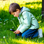 A curious young child, approximately 7 years old, fully clothed in modest, durable outdoor wear, wearing a light jacket and comfortable trousers, kneeling respectfully beside a small ant hill in a vibrant, sunlit natural park. The child holds a magnifying glass close, observing the intricate movements of the ants with an expression of deep wonder and concentration. Lush green grass and colorful wildflowers surround the scene, with dappled sunlight filtering through distant trees creating a serene atmosphere. Perfect anatomy, correct proportions, well-formed hands, proper finger count, natural body proportions, natural pose, professional photography, high quality, safe for work, appropriate content, family-friendly, modest clothing.