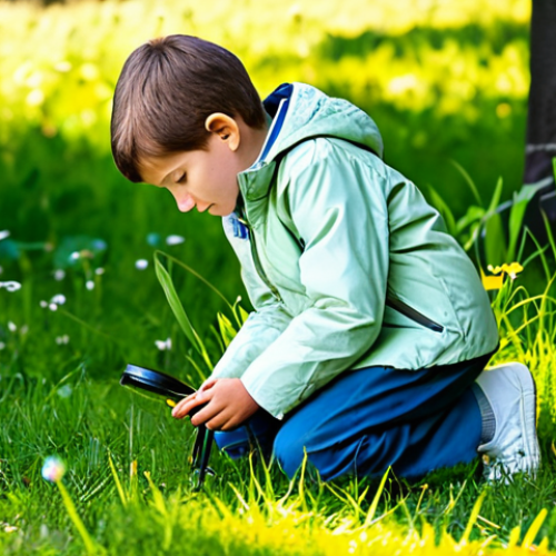 Home 4 A curious young child, approximately 7 years old, fully clothed in modest, durable outdoor wear, wearing a light jacket and comfortable trousers, kneeling respectfully beside a small ant hill in a vibrant, sunlit natural park. The child holds a magnifying glass close, observing the intricate movements of the ants with an expression of deep wonder and concentration. Lush green grass and colorful wildflowers surround the scene, with dappled sunlight filtering through distant trees creating a serene atmosphere. Perfect anatomy, correct proportions, well-formed hands, proper finger count, natural body proportions, natural pose, professional photography, high quality, safe for work, appropriate content, family-friendly, modest clothing.