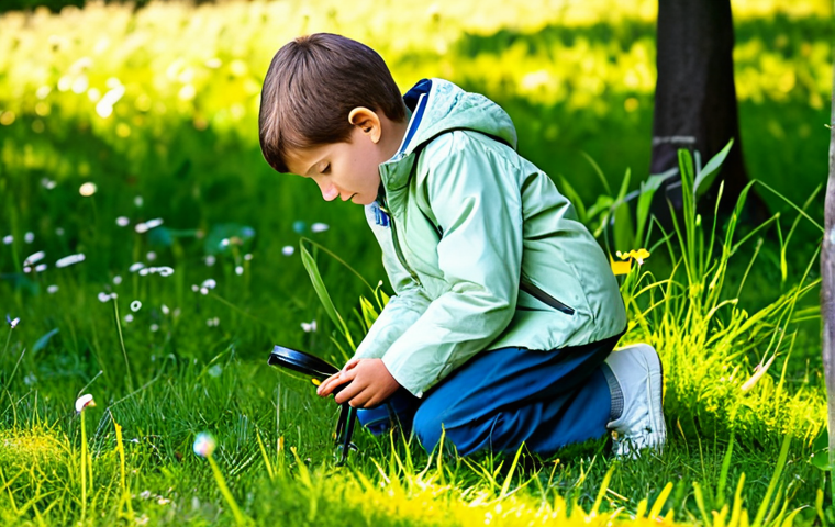 A curious young child, approximately 7 years old, fully clothed in modest, durable outdoor wear, wearing a light jacket and comfortable trousers, kneeling respectfully beside a small ant hill in a vibrant, sunlit natural park. The child holds a magnifying glass close, observing the intricate movements of the ants with an expression of deep wonder and concentration. Lush green grass and colorful wildflowers surround the scene, with dappled sunlight filtering through distant trees creating a serene atmosphere. Perfect anatomy, correct proportions, well-formed hands, proper finger count, natural body proportions, natural pose, professional photography, high quality, safe for work, appropriate content, family-friendly, modest clothing.