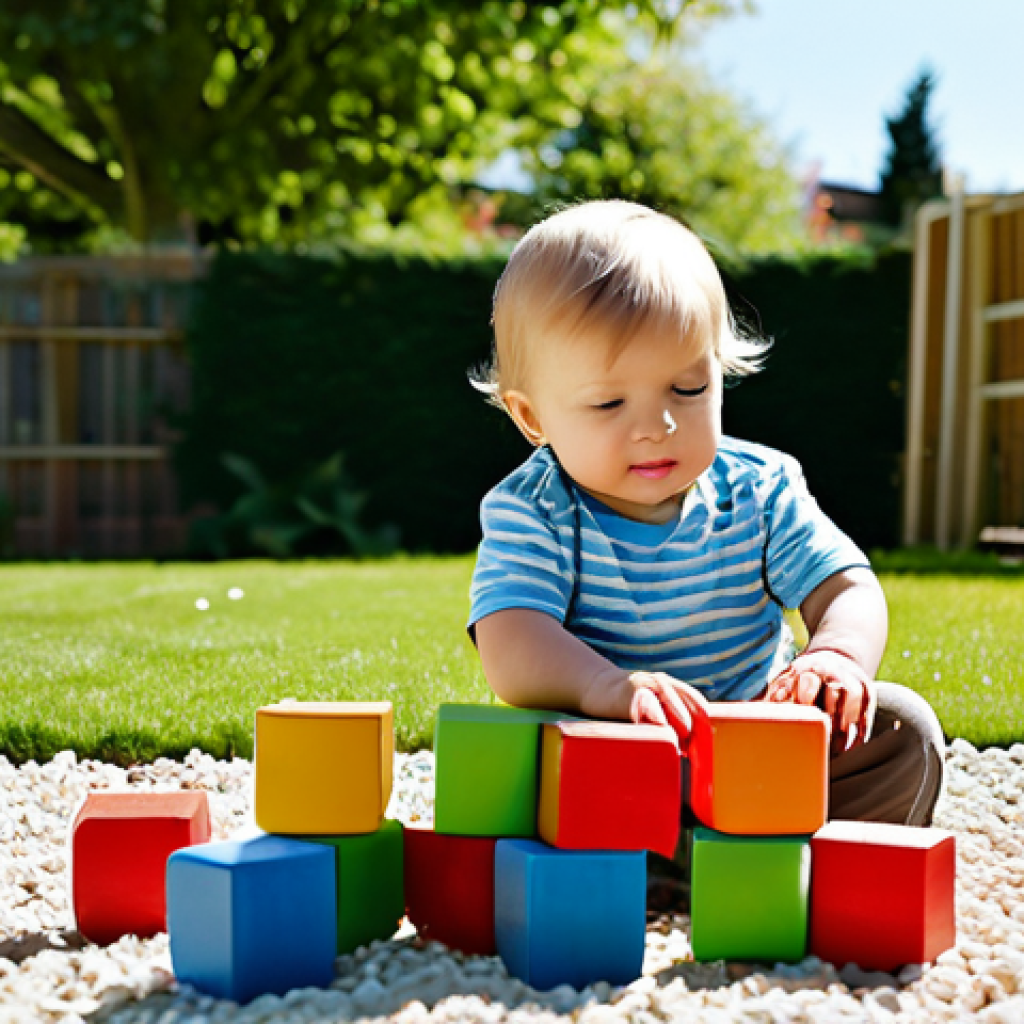 Toddler Exploration**

A toddler (18 months old) in appropriate attire, playing with textured fabric balls and soft building blocks in a sunny garden, fully clothed, safe for work, perfect anatomy, correct proportions, natural pose, family-friendly, appropriate content. The garden has a small, child-safe wooden fence in the background. High quality, professional photography.

**