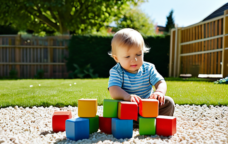 Toddler Exploration**
A toddler (18 months old) in appropriate attire, playing with textured fabric balls and soft building blocks in a sunny garden, fully clothed, safe for work, perfect anatomy, correct proportions, natural pose, family-friendly, appropriate content. The garden has a small, child-safe wooden fence in the background. High quality, professional photography.
**