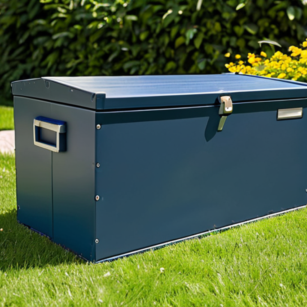 Durable Outdoor Toy Storage**

"A sturdy outdoor toy storage box made of weather-resistant material (metal or durable plastic), placed in a sunny garden setting. The box is fully closed, showcasing its robustness. Safe for work, appropriate content, fully clothed. Perfect anatomy, correct proportions, natural composition, professional photography, high quality, family-friendly."

**