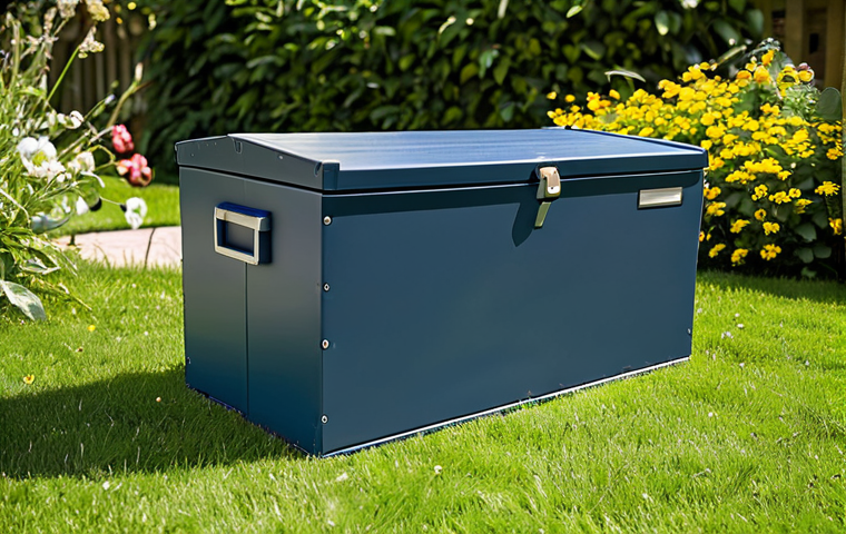 Durable Outdoor Toy Storage**

"A sturdy outdoor toy storage box made of weather-resistant material (metal or durable plastic), placed in a sunny garden setting. The box is fully closed, showcasing its robustness. Safe for work, appropriate content, fully clothed. Perfect anatomy, correct proportions, natural composition, professional photography, high quality, family-friendly."

**