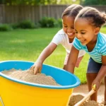 야외용 완구와 가족 놀이 - **Prompt: Joyful Children's Water and Sand Play**
    "A vibrant, sunny outdoor scene featuring a di...