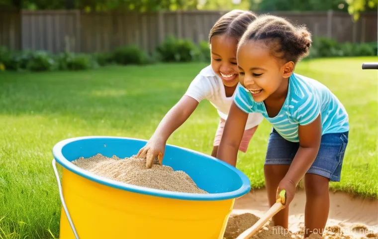 야외용 완구와 가족 놀이 - **Prompt: Joyful Children's Water and Sand Play**
    "A vibrant, sunny outdoor scene featuring a di...