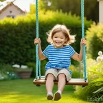 야외용 완구 관련 FAQ - A vibrant outdoor scene featuring a happy child, approximately 6-7 years old, joyfully swinging high...