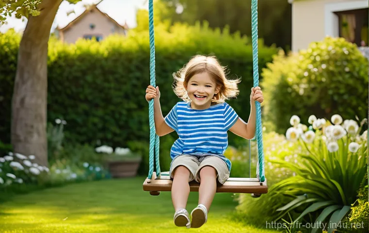 야외용 완구 관련 FAQ - A vibrant outdoor scene featuring a happy child, approximately 6-7 years old, joyfully swinging high...
