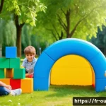 야외용 완구 추천 영상 - A lively outdoor scene in a sunny French park showing children aged 4 to 8 playing with giant colorf...