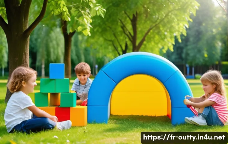 야외용 완구 추천 영상 - A lively outdoor scene in a sunny French park showing children aged 4 to 8 playing with giant colorf...