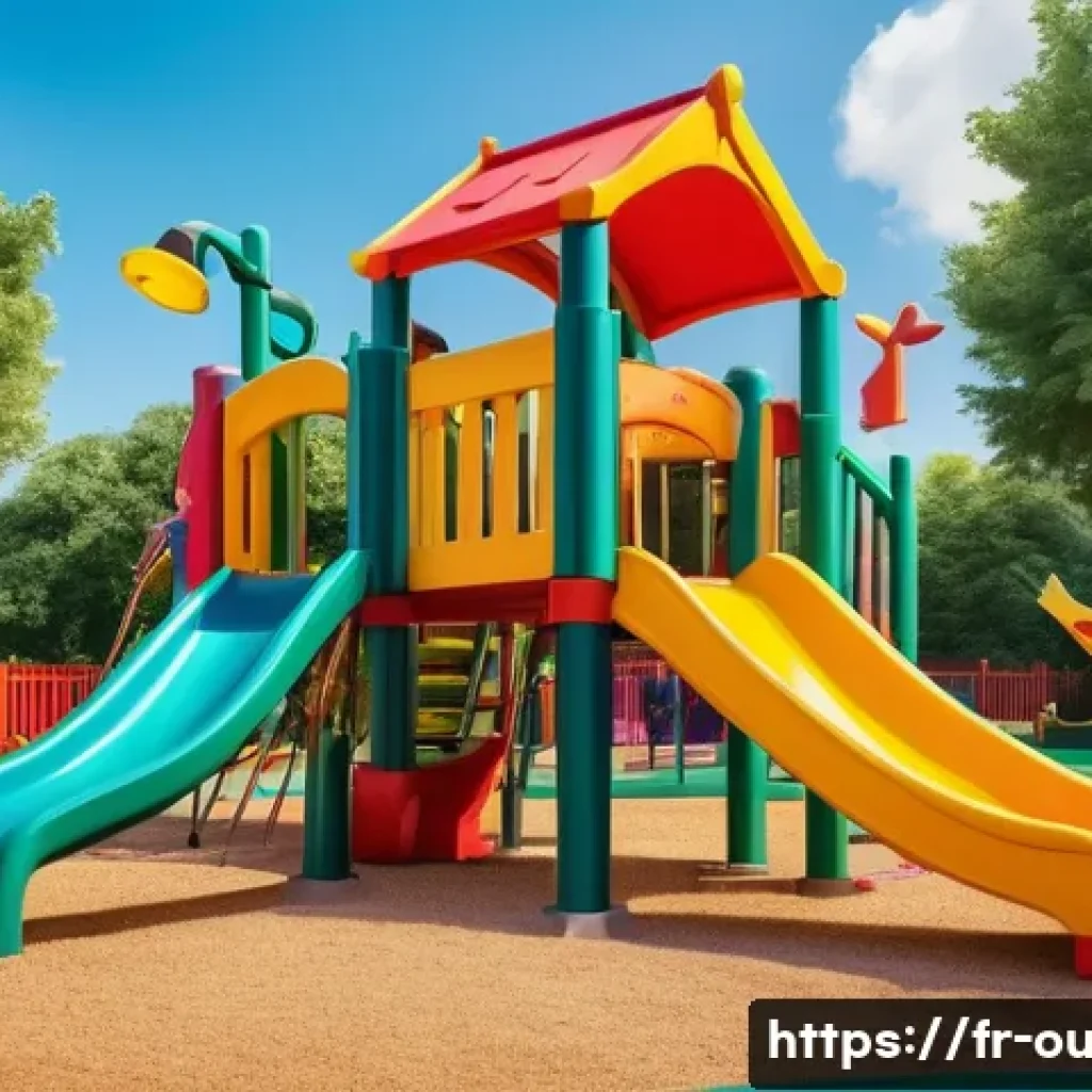 야외용 완구와 협업 캐릭터 - A vibrant outdoor playground scene featuring a colorful slide and climbing structure adorned with po...