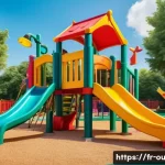 야외용 완구와 협업 캐릭터 - A vibrant outdoor playground scene featuring a colorful slide and climbing structure adorned with po...