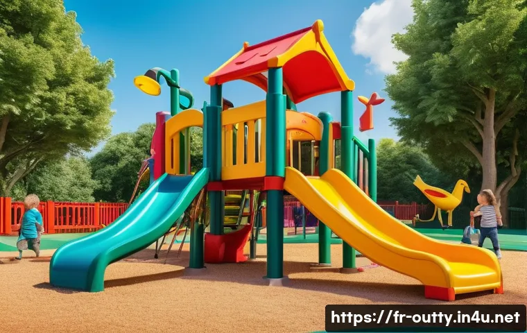 야외용 완구와 협업 캐릭터 - A vibrant outdoor playground scene featuring a colorful slide and climbing structure adorned with po...