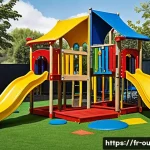 야외용 완구 제조사 비교 - A vibrant outdoor children's playground set made from eco-friendly materials, featuring FSC-certifie...