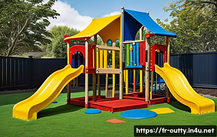 야외용 완구 제조사 비교 - A vibrant outdoor children's playground set made from eco-friendly materials, featuring FSC-certifie...