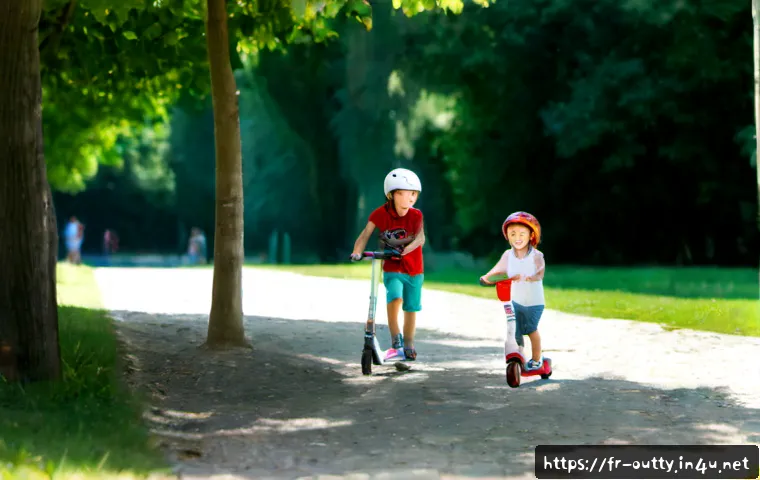 야외용 완구와 스포츠 - Photorealistic sunny afternoon in a French public park, two children wearing casual summer clothes a...
