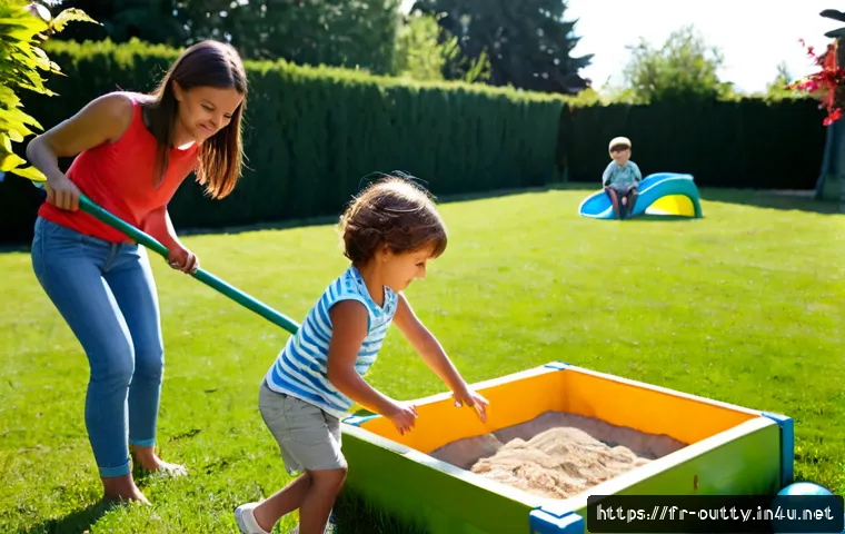 야외용 완구의 소비자 만족도 - Photorealistic French family testing outdoor toys in a sunny suburban garden near Lyon, two children...